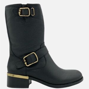 Vince Camuto Wantilla Zippered Mid-Calf Black Leather Moto Style Boot